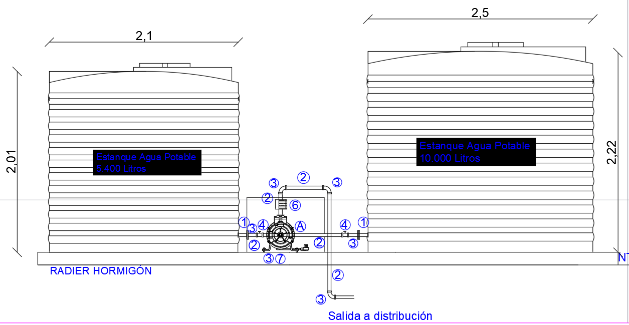 Plano de estanques y bomba para agua potable por acarreo
